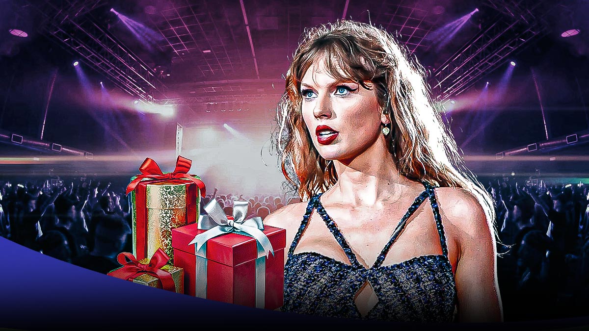 Taylor Swift on stage with presents