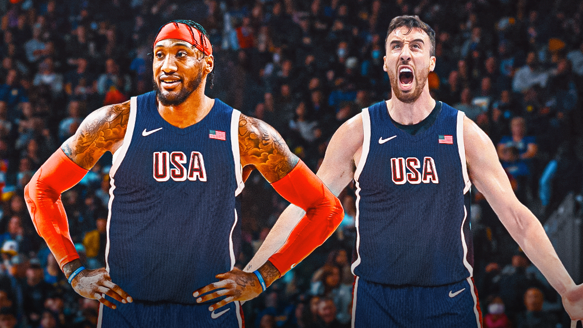Robert Covington and Frank Kaminsky wearing Team USA gear. Americup logo in the background.