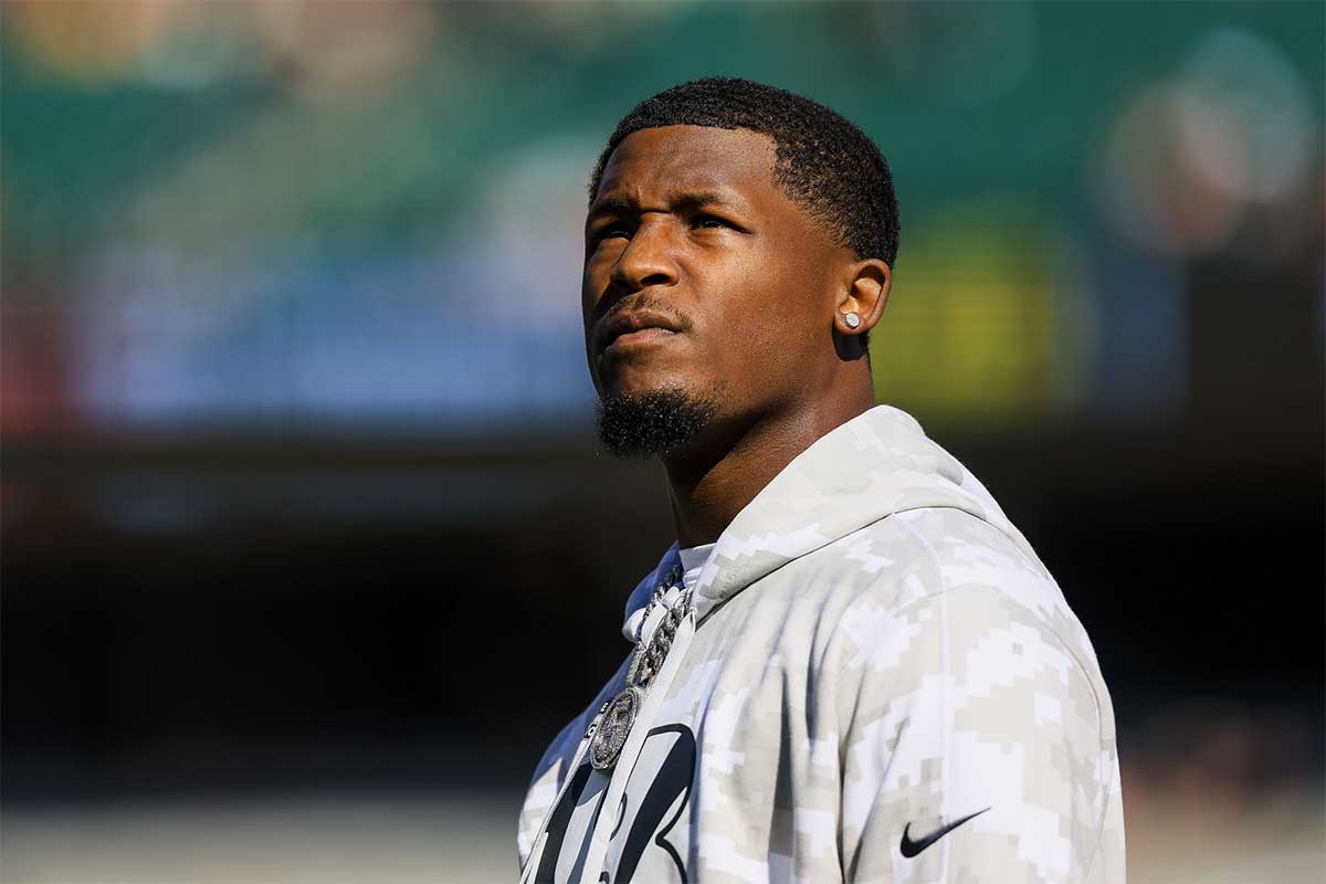 Cincinnati Bengals wide receiver Tee Higgins (5) stands on the field during warmups before the game against the Las Vegas Raiders at Paycor Stadium. 