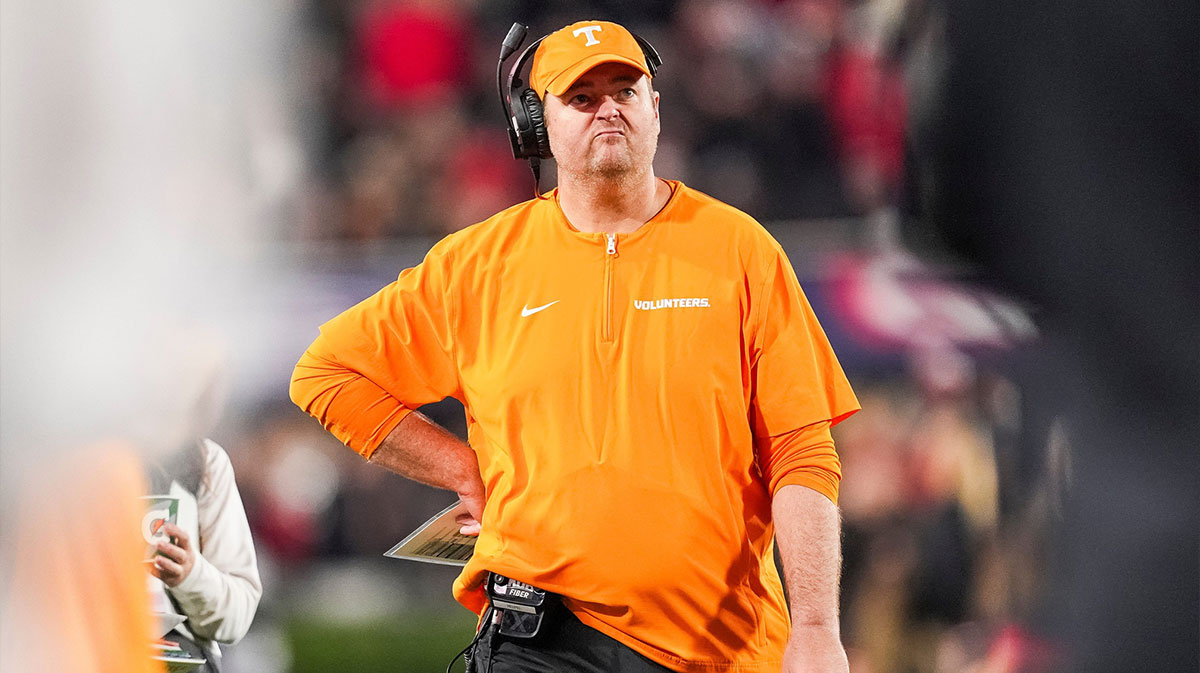 Tennessee head coach Josh Heupel makes a face during a college football game between Tennessee and Georgia at Sanford Stadium in Athens, Ga., on Saturday, November 16, 2024.