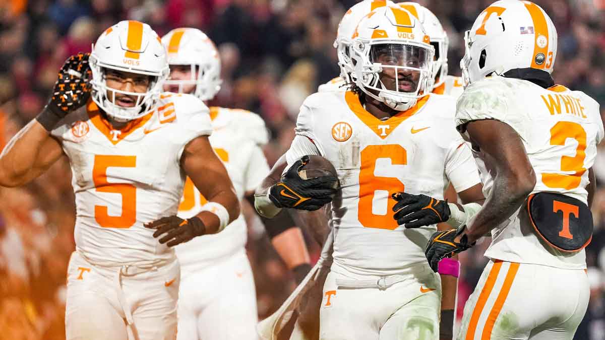 Tennessee running back Dylan Sampson (6) celebrates his touchdown with teammates during a college football game between Tennessee and Georgia at Sanford Stadium in Athens, Ga., on Saturday, November 16, 2024.