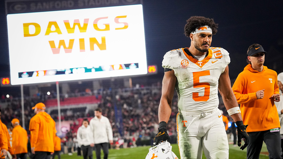 Tennessee wide receiver Bru McCoy (5) walks off the field after a college football game between Tennessee and Georgia at Sanford Stadium in Athens, Ga., on Saturday, November 16, 2024.