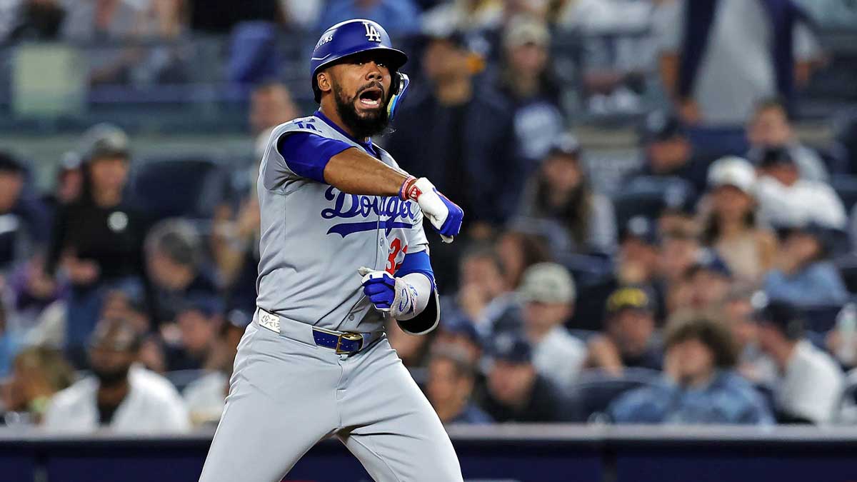 Los Angeles Dodgers outfielder Teoscar Hernandez (37) celebrates after hitting a single during the ninth inning against the New York Yankees in game four of the 2024 MLB World Series at Yankee Stadium.