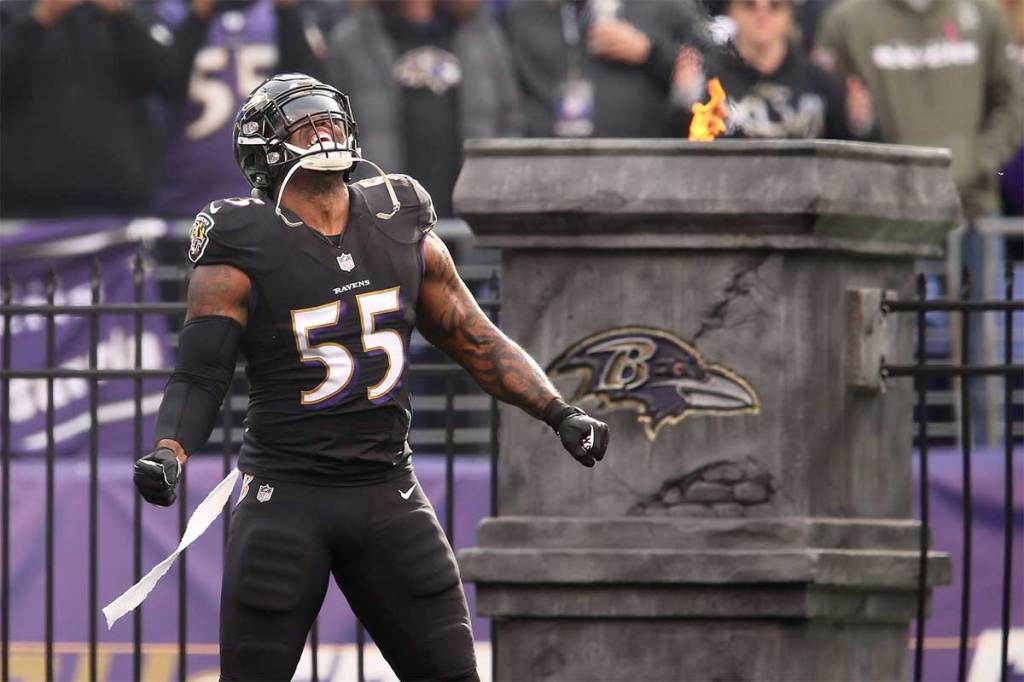Baltimore Ravens outside linebacker Terrell Suggs (55) is introduced before an NFL football game against the Cincinnati Bengals, Sunday, Nov. 18, 2018, at M&T Bank Stadium in Baltimore. Cincinnati Bengals At Baltimore Ravens 11 18 2018