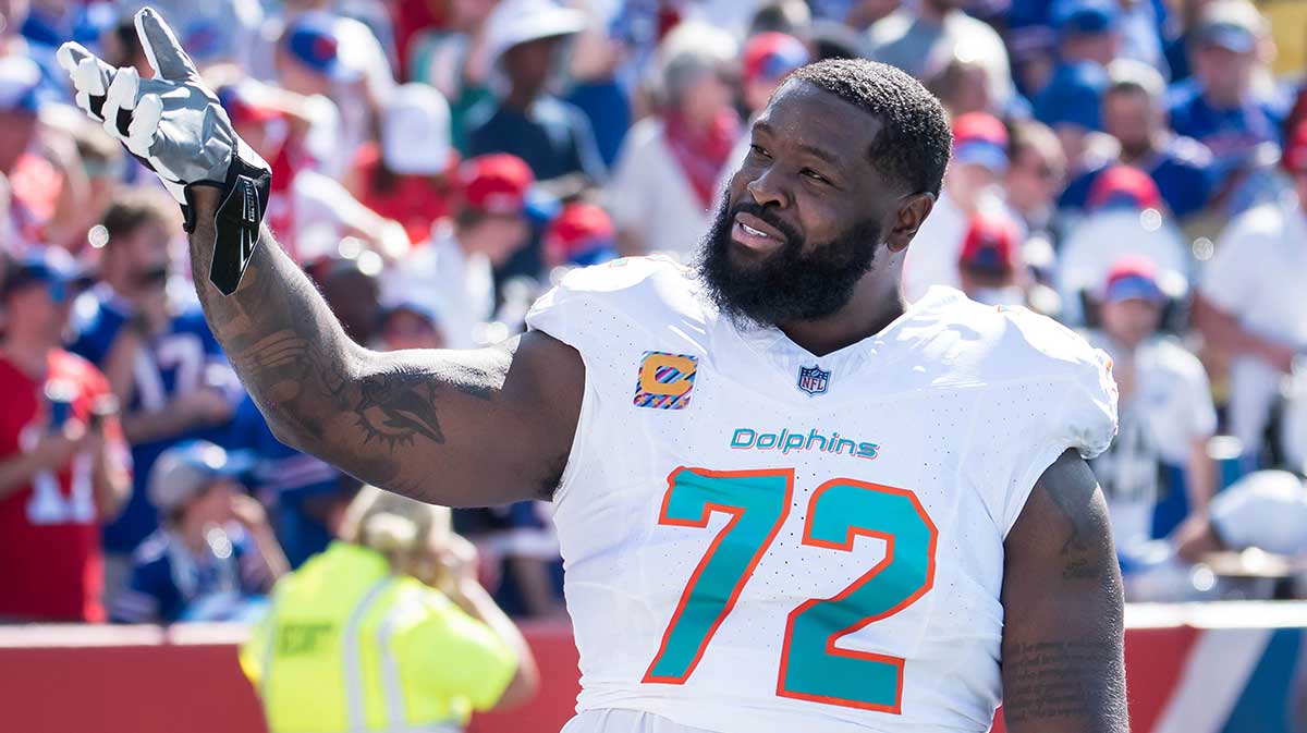 Miami Dolphins offensive tackle Terron Armstead (72) reacts to the crowd before a game against the Buffalo Bills at Highmark Stadium.