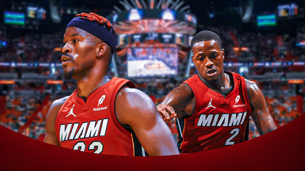Miami Heat stars Jimmy Butler and Terry Rozier in front of Kaseya Center.