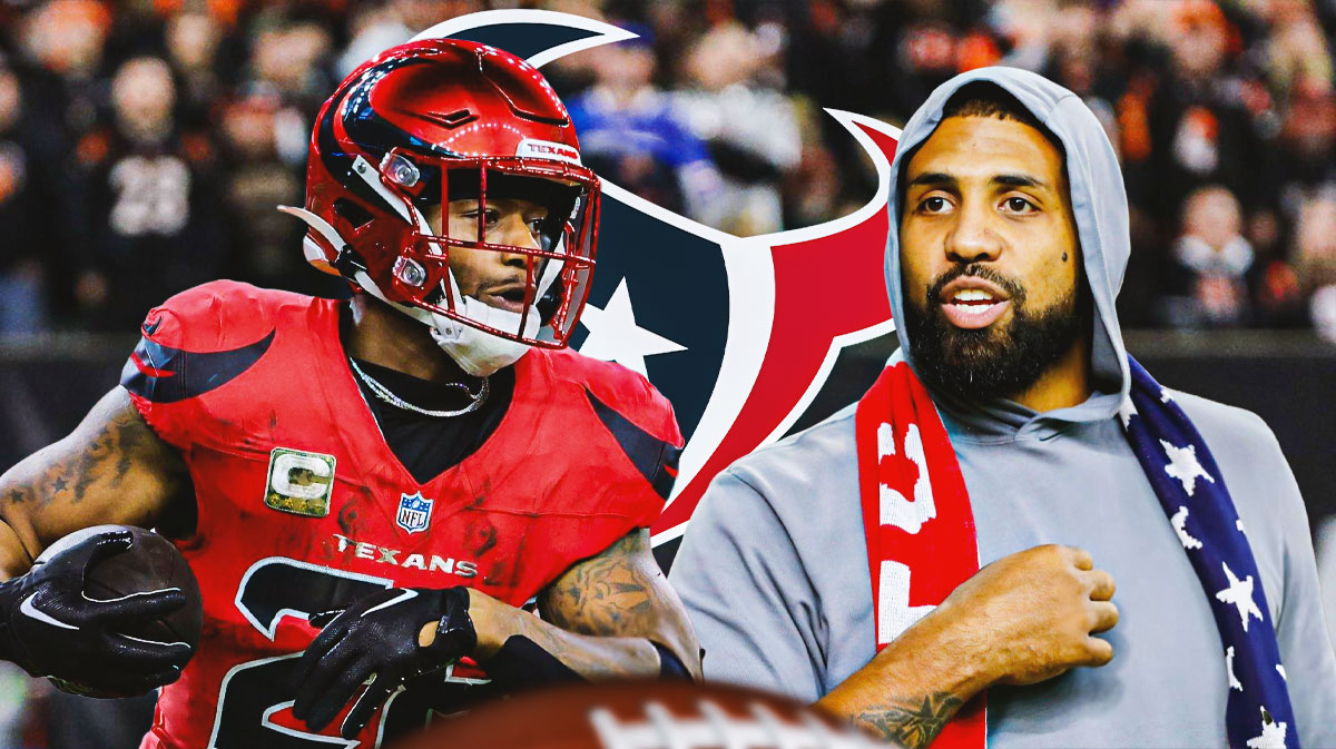 Houston Texans RB Joe Mixon next to former NFL player Arian Foster. There is also a logo for the Houston Texans.