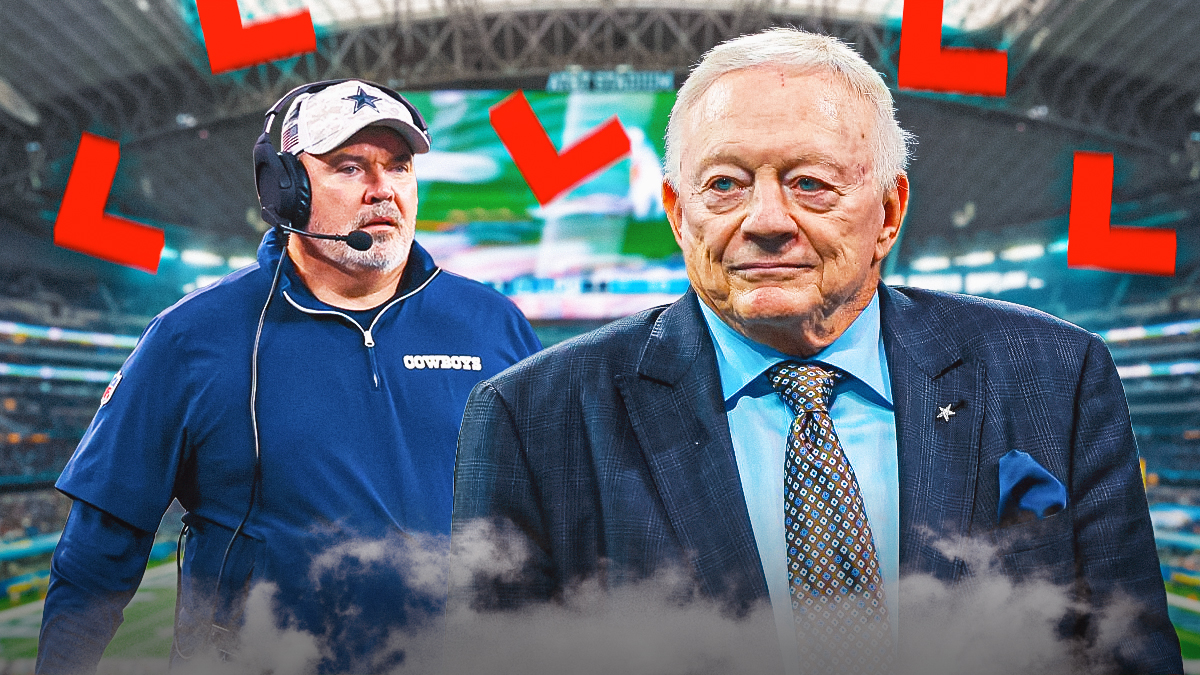 Dallas Cowboys owner Jerry Jones and head coach Mike McCarthy surrounded by little red Ls for Loss that seem to be falling from the sky after the Cowboys roof broke and Dallas lost to Houston.