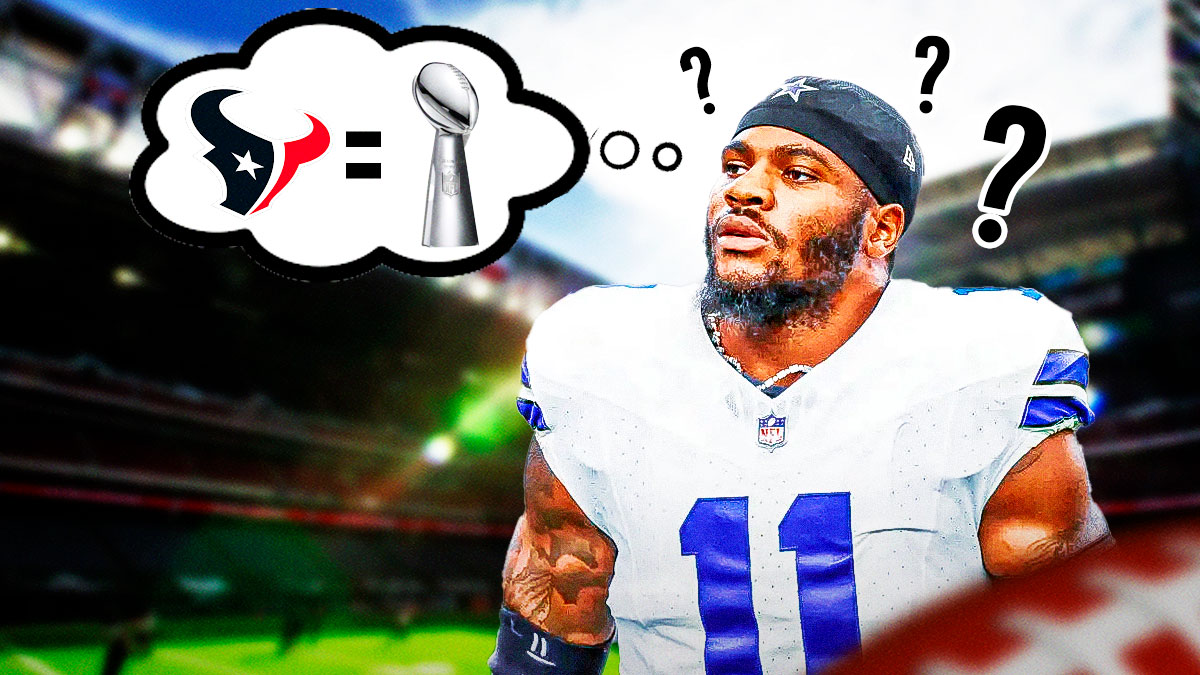 Micah Parsons with question marks around him, and he has a thought bubble that has the Texans logo, an equal sign, and next to the equal sign is a Super Bowl champion trophy.