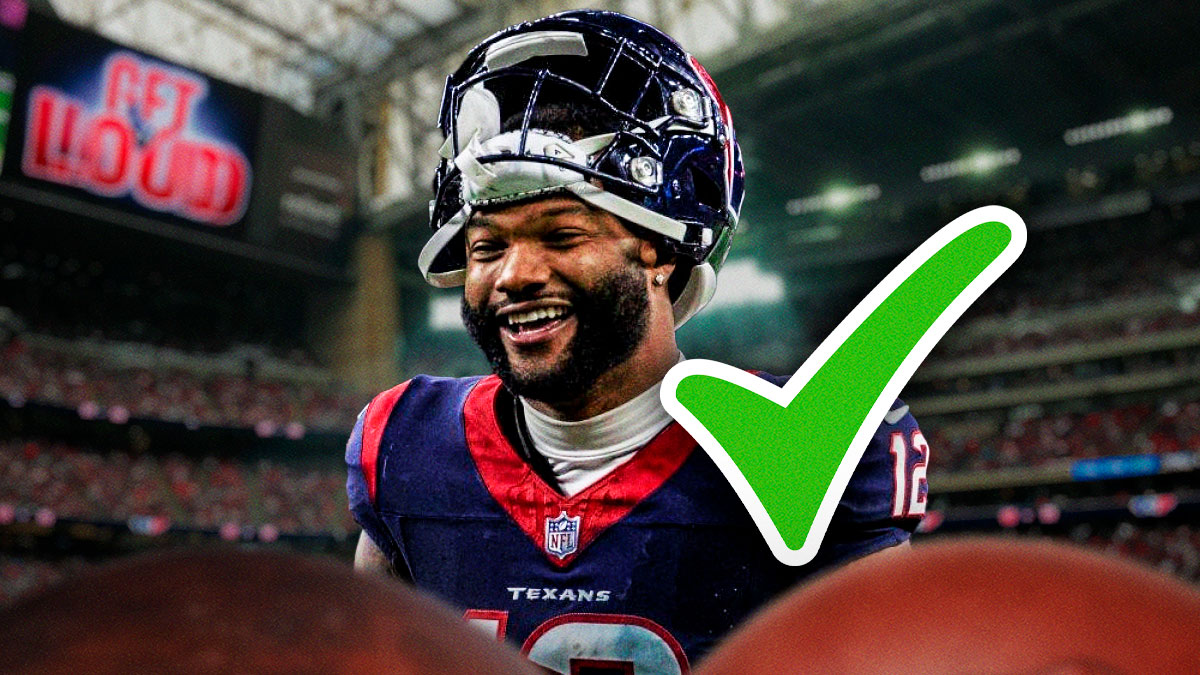 Texans' Nico Collins with a big green checkmark over him