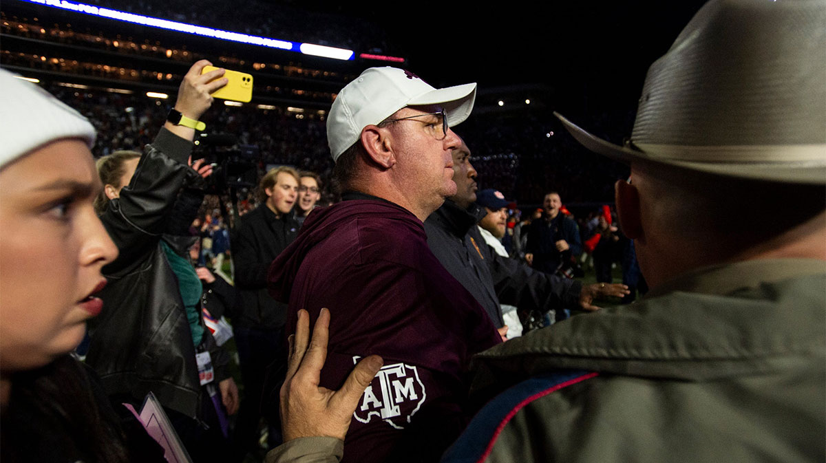 Texas A&M Aggies head coach Mike Elko makes his way off the field after the game as Auburn Tigers take on Texas A&M Aggies at Jordan-Hare Stadium in Auburn, Ala., on Saturday, Sept. 7, 2024. Auburn Tigers defeated Texas A&M Aggies 43-41 in fourth overtime.