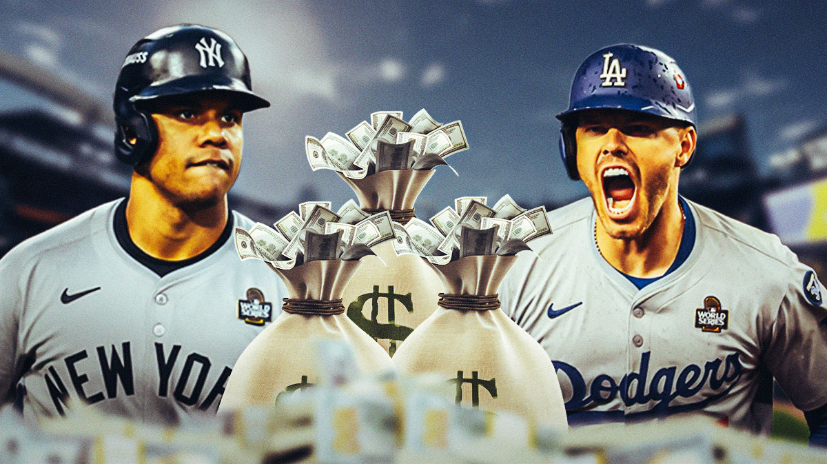 MLB players Juan Soto (Yankees) and Freddie Freeman (Dodgers) in front of stacks of money