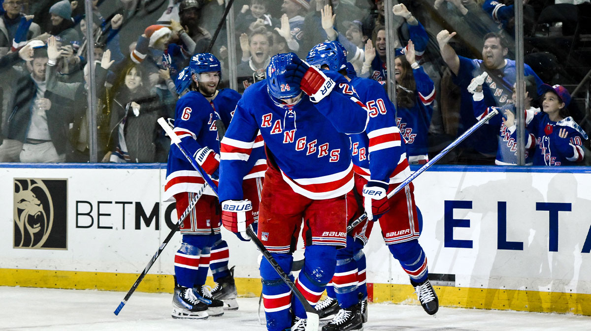 New York Rangers right wing Kaapo Kakko (24) reacts after scoring a goal against the Montreal Canadiens during the third period at Madison Square Garden.