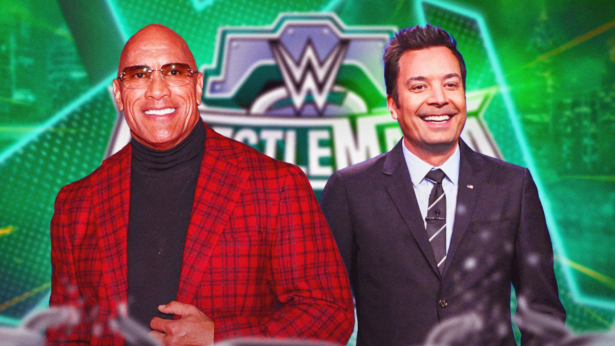 The Rock and Jimmy Fallon in front of the WrestleMania 40 logo