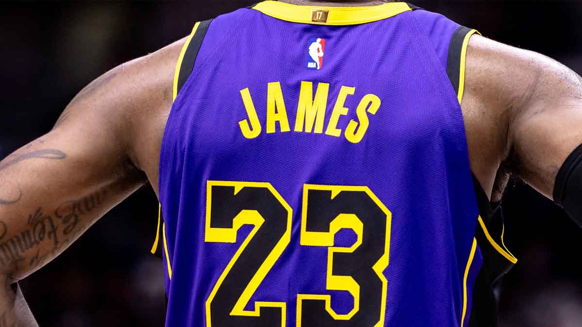 Detailed view of the jersey of Los Angeles Lakers forward LeBron James (23) against the New Orleans Pelicans during the second half at Smoothie King Center