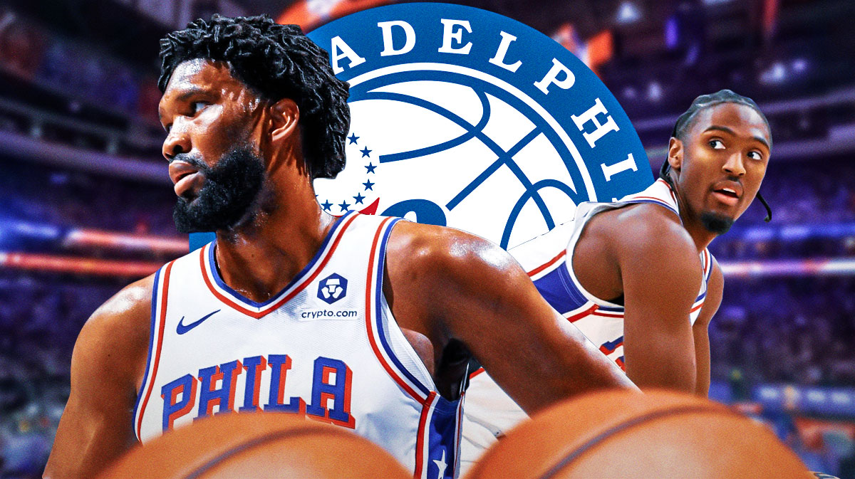 Joel Embiid with frustrated emojis around him, with Tyrese Maxey next to him and the 76ers logo