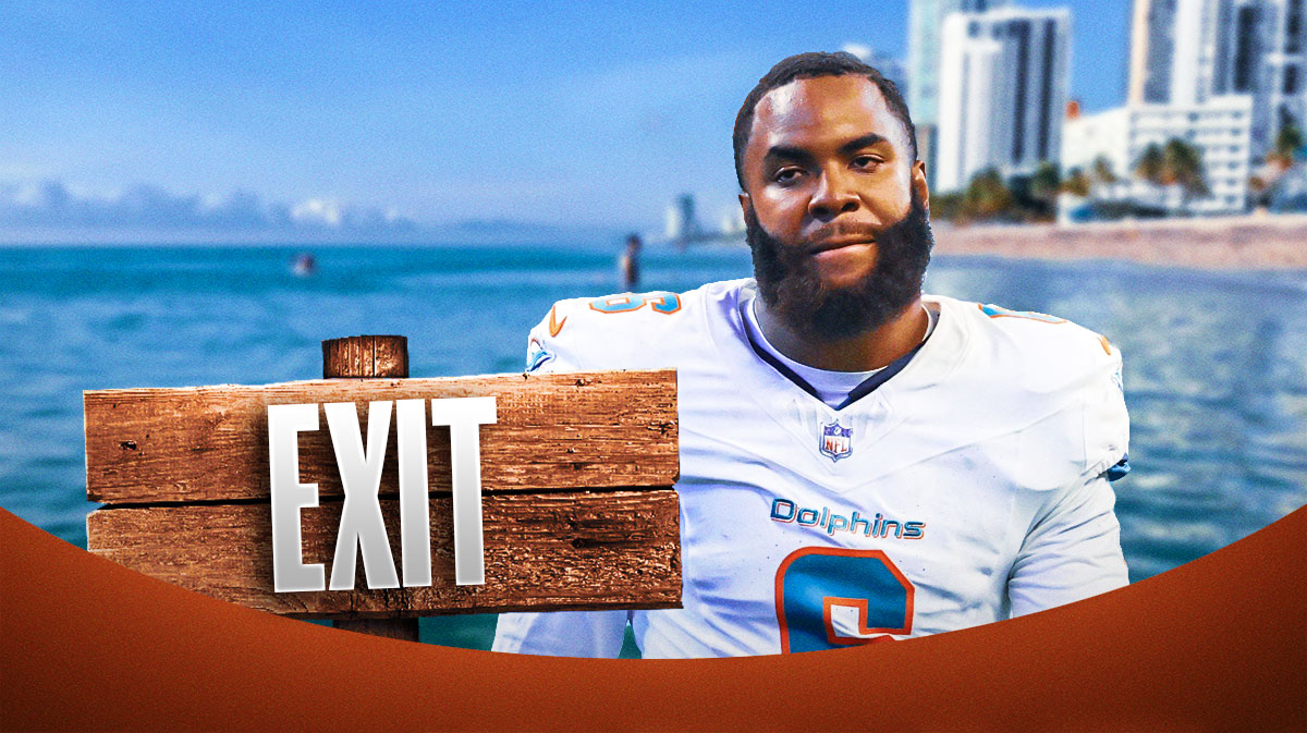 Dolphins Jevon Holland swimming away from Miami with an exit sign