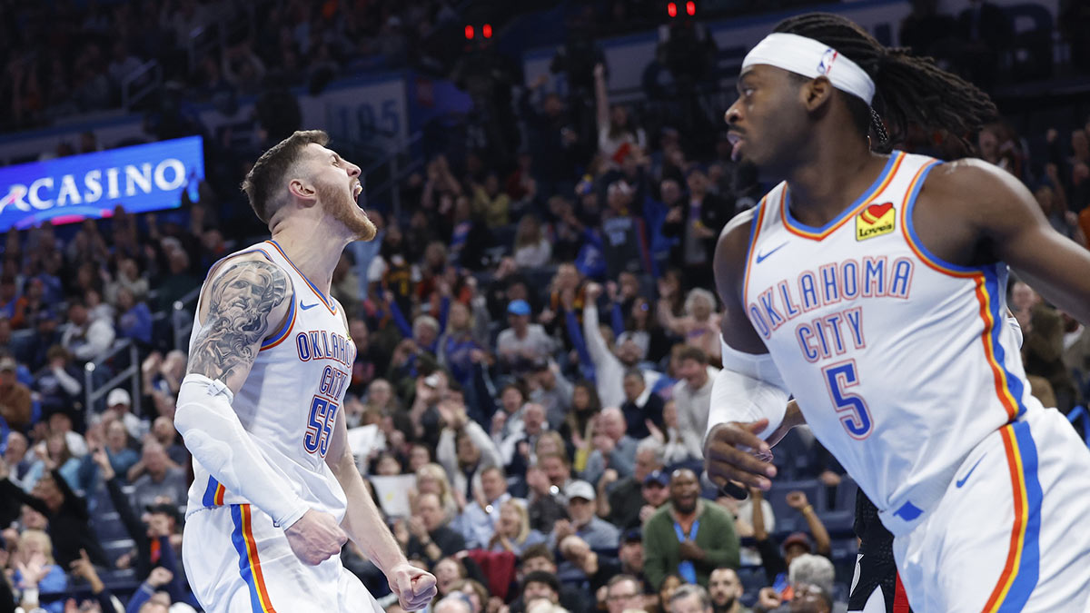 Thunder center Isaiah Hartenstein (55) celebrates after scoring against the Portland Trail Blazers during the second half at Paycom Center