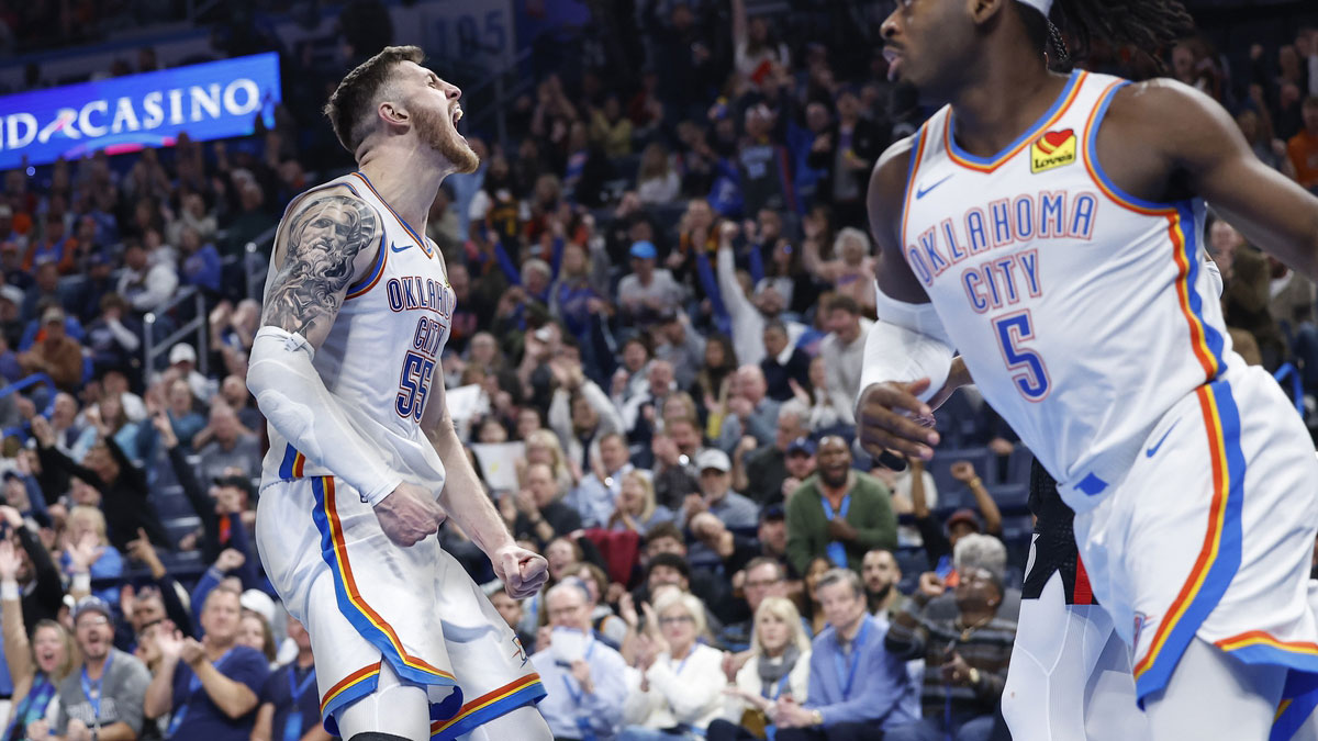 Thunder center Isaiah Hartenstein (55) celebrates after scoring against the Portland Trail Blazers during the second half at Paycom Center