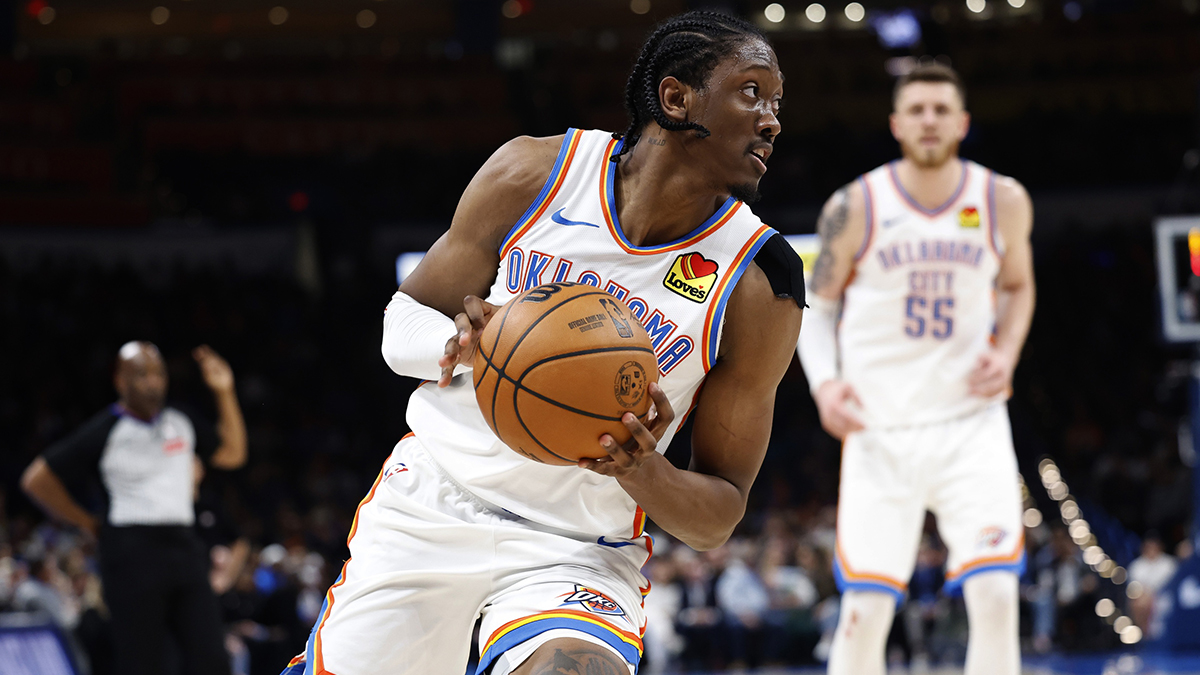 Thunder forward Jalen Williams (8) moves the ball against Portland Trail Blazers during the second half at Paycom Center