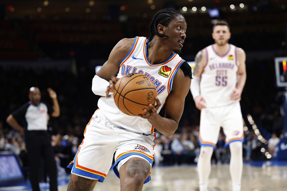 Thunder forward Jalen Williams (8) moves the ball against Portland Trail Blazers during the second half at Paycom Center