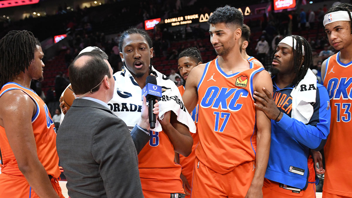 Thundering guard/forward Jalen Williams (8) is surrounded by his teammates after the game against the Portland Trailblazers at Moda Center