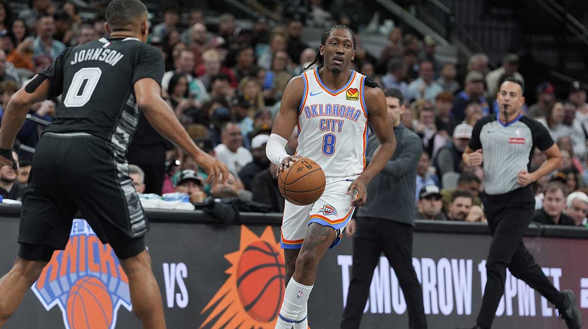 Thunder forward Jalen Williams (8) dribbles in front of San Antonio Spurs forward Keldon Johnson (0) in the second half at Frost Bank Center