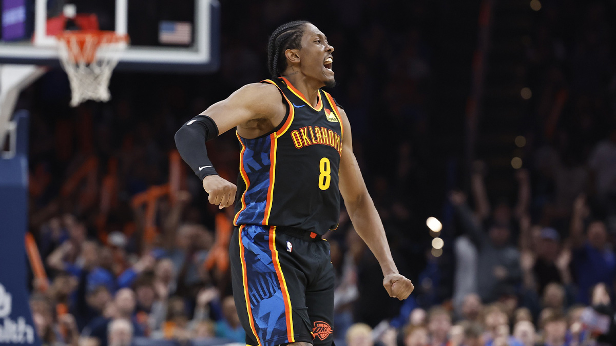 Thunder forward Jalen Williams (8) reacts after scoring against the Dallas Mavericks during the second half at Paycom Center
