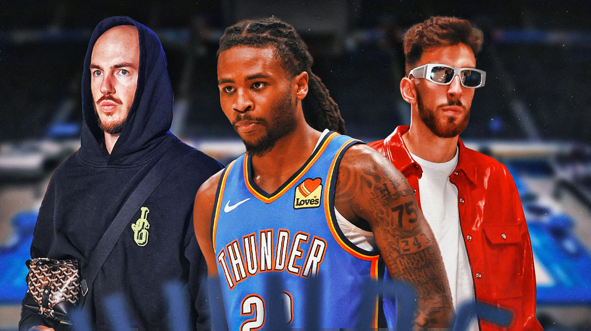 Thunder's Cason Wallace looking sad, with Chet Holmgren and Alex Caruso in casual clothes beside him