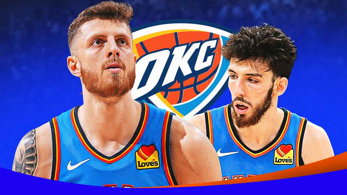 Thunder center Isaiah Hartenstein next to Thunder forward Chet Holmgren & the Oklahoma City Thunder logo in the background