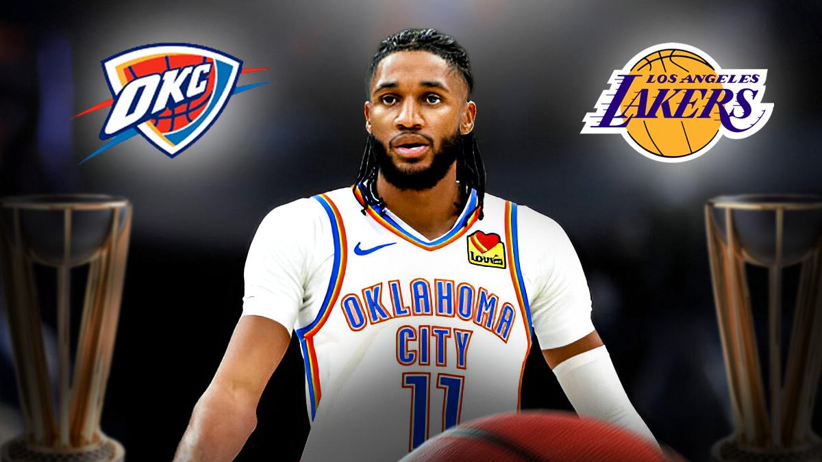 Thunder guard Isaiah Joe next to Thunder & Lakers logos with the NBA Cup in the background