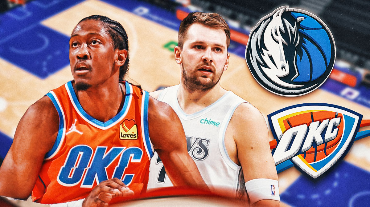 Thunder forward Jalen Williams next to Mavericks star Luka Doncic with the Thunder and Mavericks logos and the Paycom Center in the background
