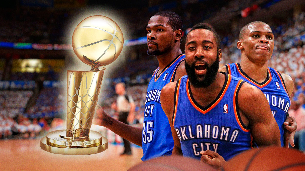 Thunder guard James Harden (picture from his Thunder days), Thunder guard Russell Westbrook (from his Thunder days), and Thunder forward Kevin Durant (picture from his Thunder days) next to the Larry O'Brien trophy