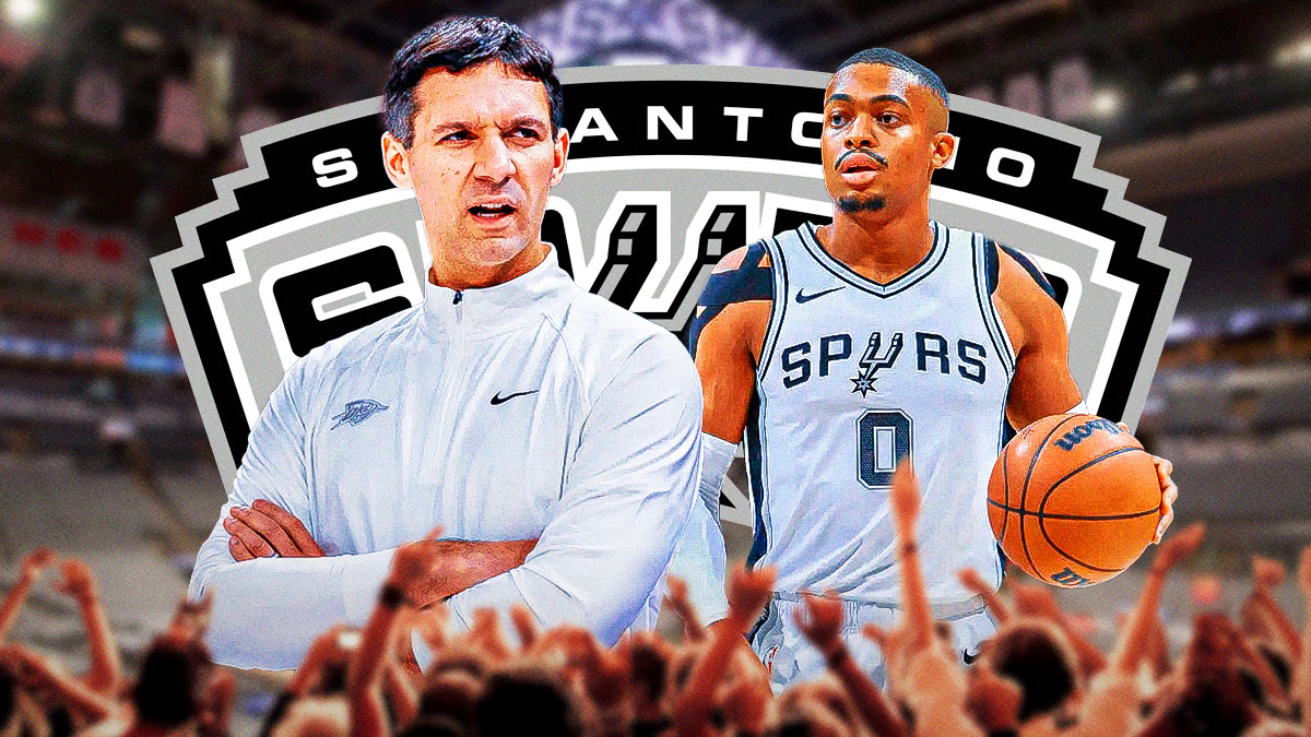 Thunder head coach Mark Daigneault next to Spurs guard Keldon Johnson and the Spurs logo with the Spurs arena in the background
