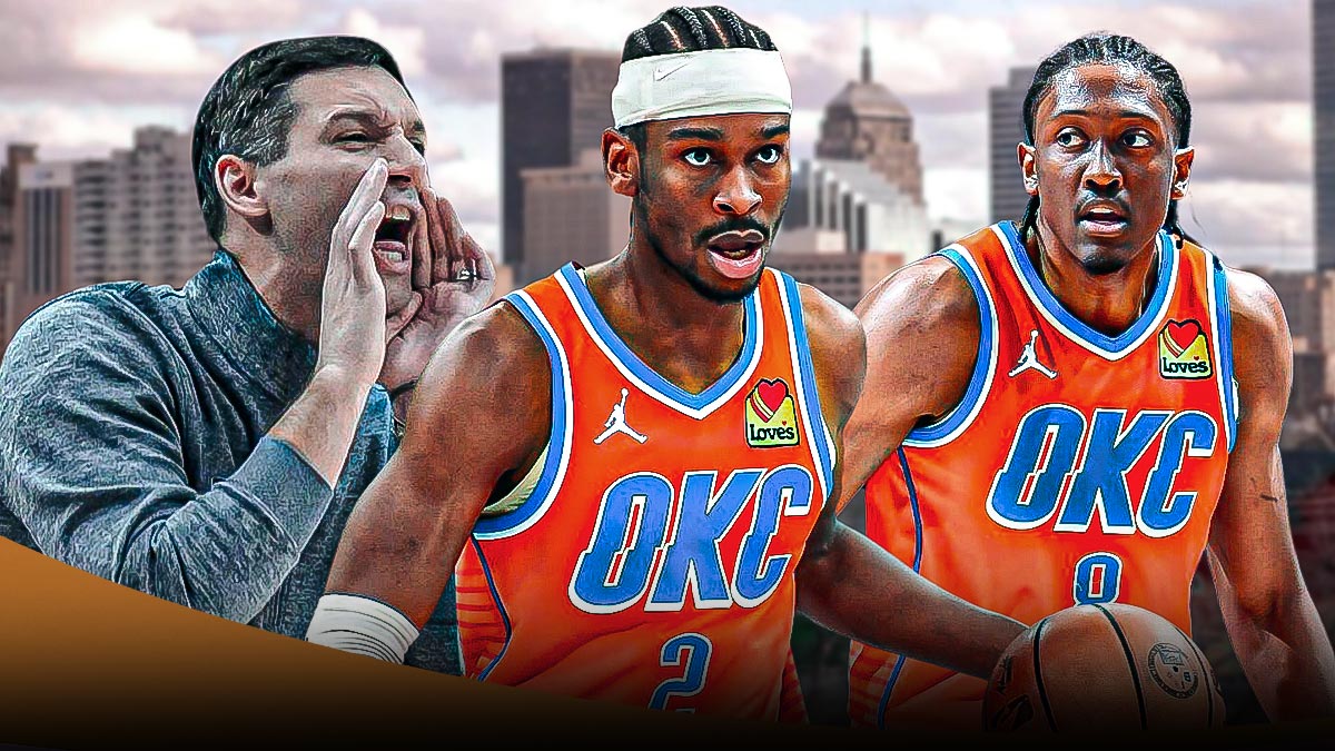 Thunder head coach Mark Daigneault yelling at an NBA official next to Thunder All-Star Shai Gilgeous Alexander & Thunder forward Jalen Williams with the Oklahoma City skyline in the background