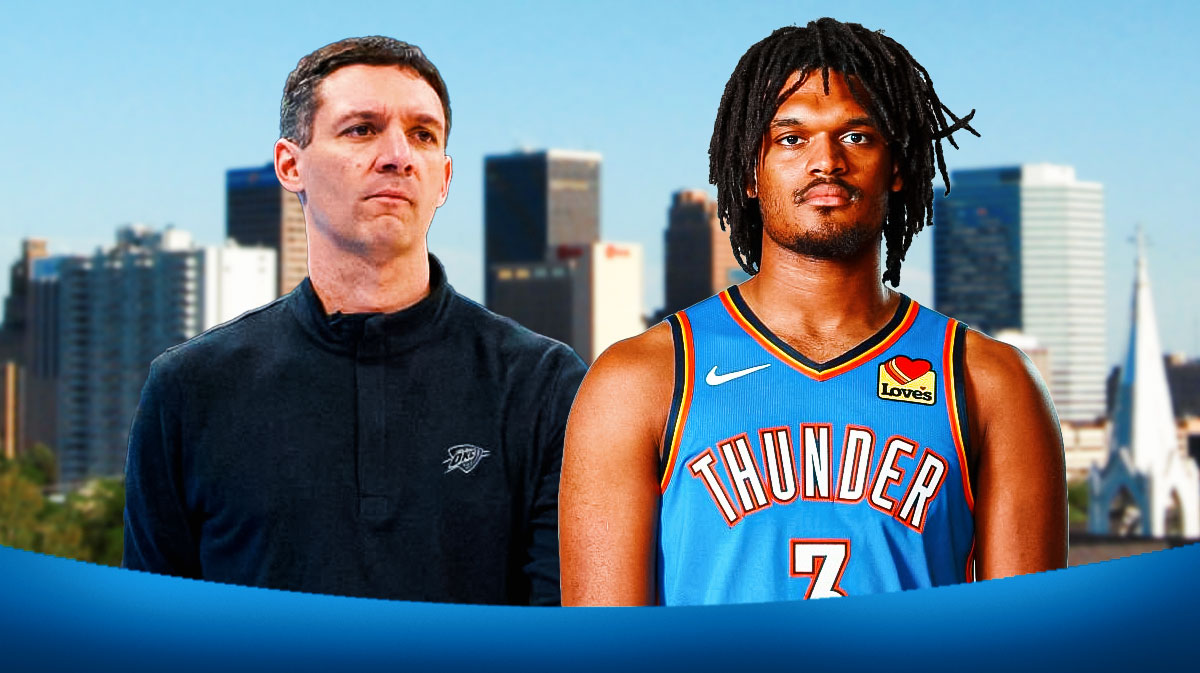 Thunder head coach Mark Daigneault next to Thunder rookie Dillon Jones with the Oklahoma City skyline in the background