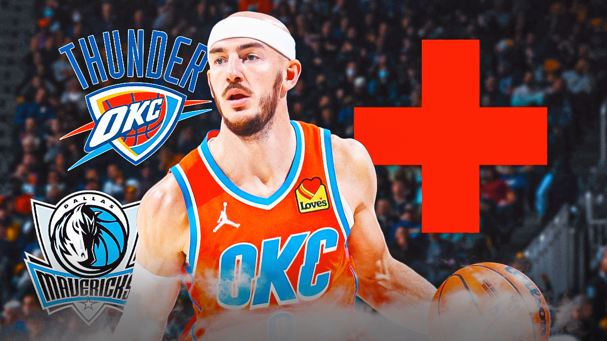 Thunder guard Alex Caruso with the health logo behind him and the Thunder & Mavs logos next to him