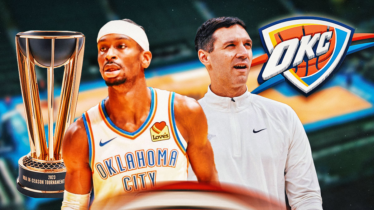 Thunder All-Star guard Shai Gilgeous-Alexander next to Thunder head coach Mark Daigneault with the Thunder logo and the NBA Cup trophy in the background