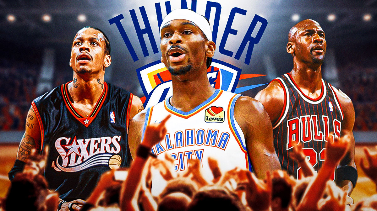 Thunder All-Star Shai Gilgeous-Alexander with NBA legend Allen Iverson and one side and Michael Jordan on the other side & the Thunder logo in the background