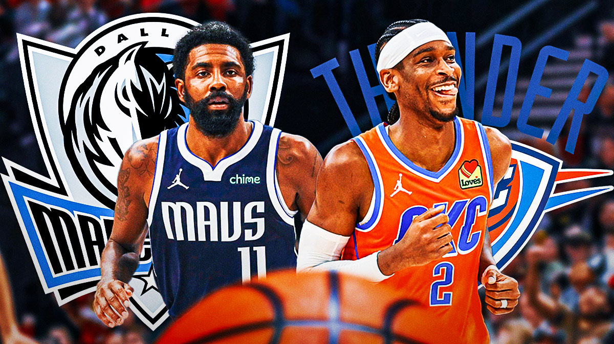 Thunder All-Star Shai Gilgeous-Alexander next to Kyrie Irving with the Mavs and Thunder logos and the Paycom Center in the background