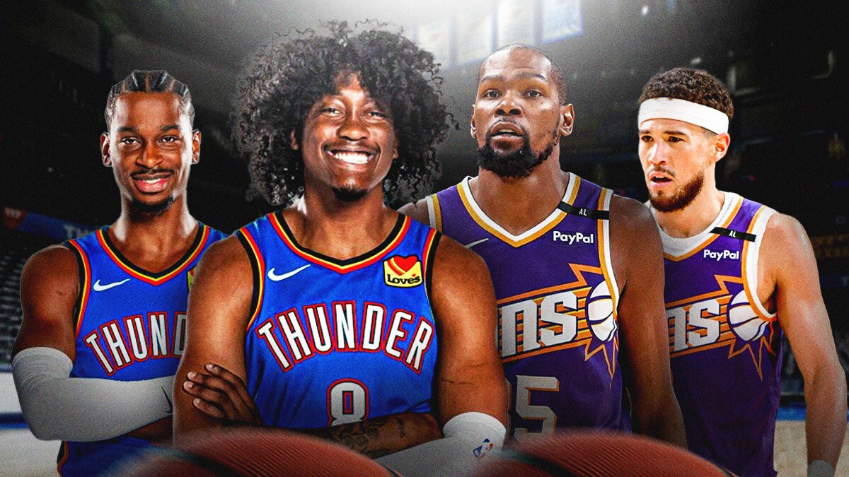 Thunder forward Jalen Williams and Thunder guard Shai Gilgeous-Alexander next to Suns superstar Kevin Durant and Suns star Devin Booker and the Paycom Center in the background