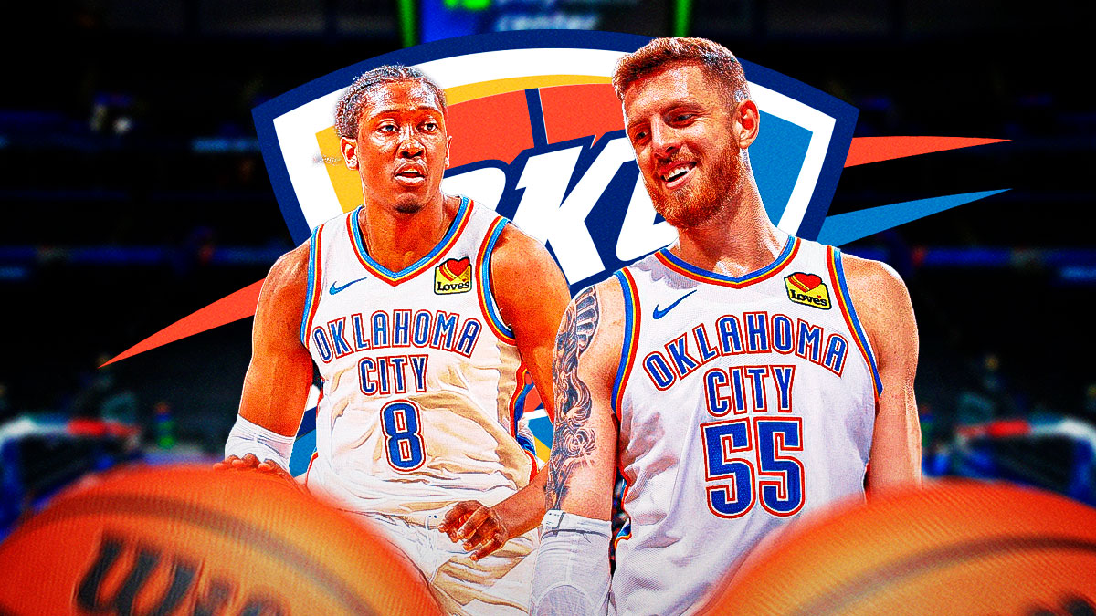 Thunder center Isaiah Hartenstein next to Thunder forward Jalen Williams with the Thunder logo next to them & the Paycom Center in the background