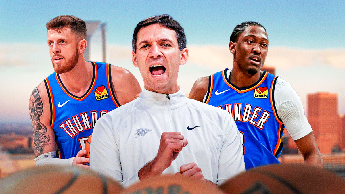 Thunder head coach Mark Daigneault next to Thunder center Isaiah Hartenstein & Thunder forward Jalen Williams with the Oklahoma City skyline in the background