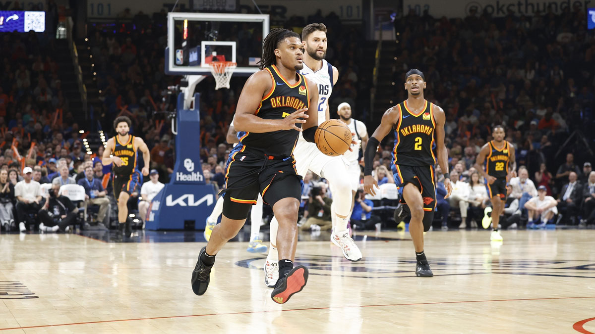 Thunder forward Dillon Jones (3) dribbles the ball down the court against the Dallas Mavericks during the second half at Paycom Center