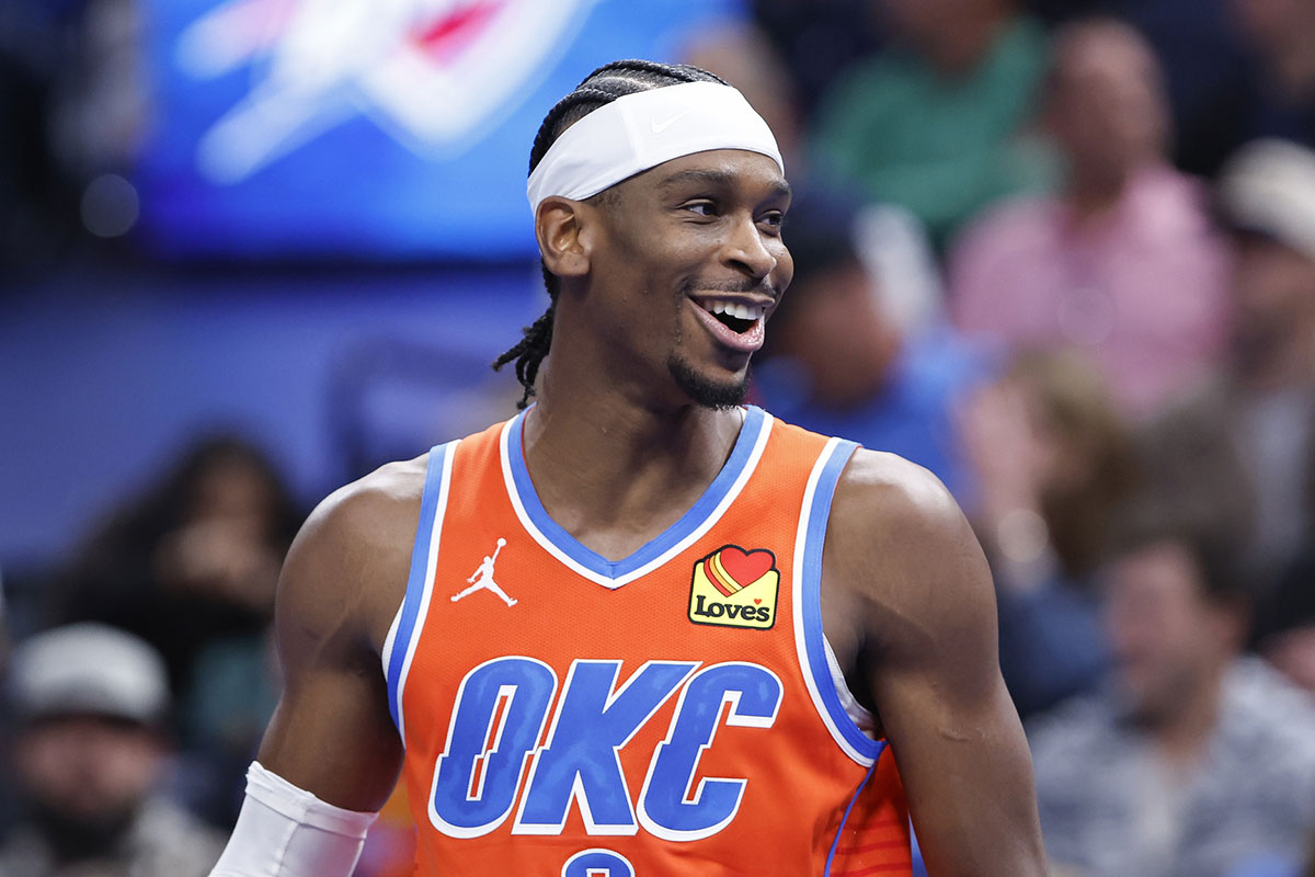 Oklahoma City Thunder guard Shai Gilgeous-Alexander (2) reacts during the fourth quarter of a game against the Phoenix Suns at Paycom Center.