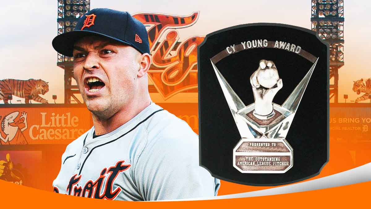 Tarik Skubal in Tigers jersey next to Cy Young award.