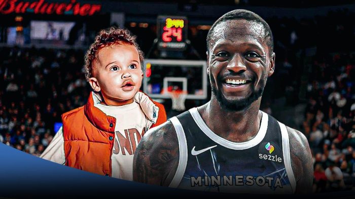 mage of Timberwolves Julius Randle smiling next to image of Jayce Randle (Julius Randle's three year old son) looking happy