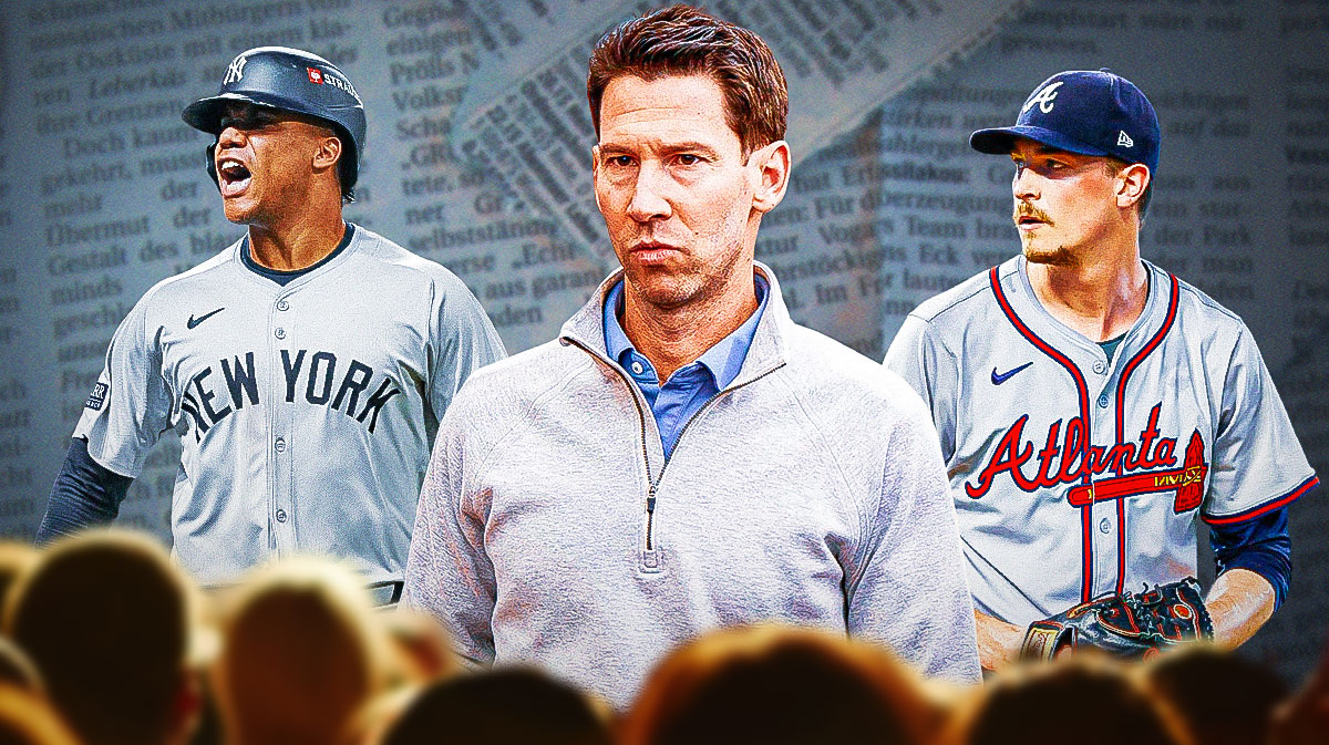 A newspaper as the background, Craig Breslow on one side, Juan Soto and Max Fried on the other side