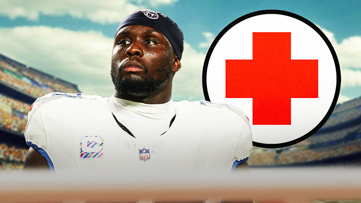 Titans center Lloyd Cushenberry with medical cross symbol in the background