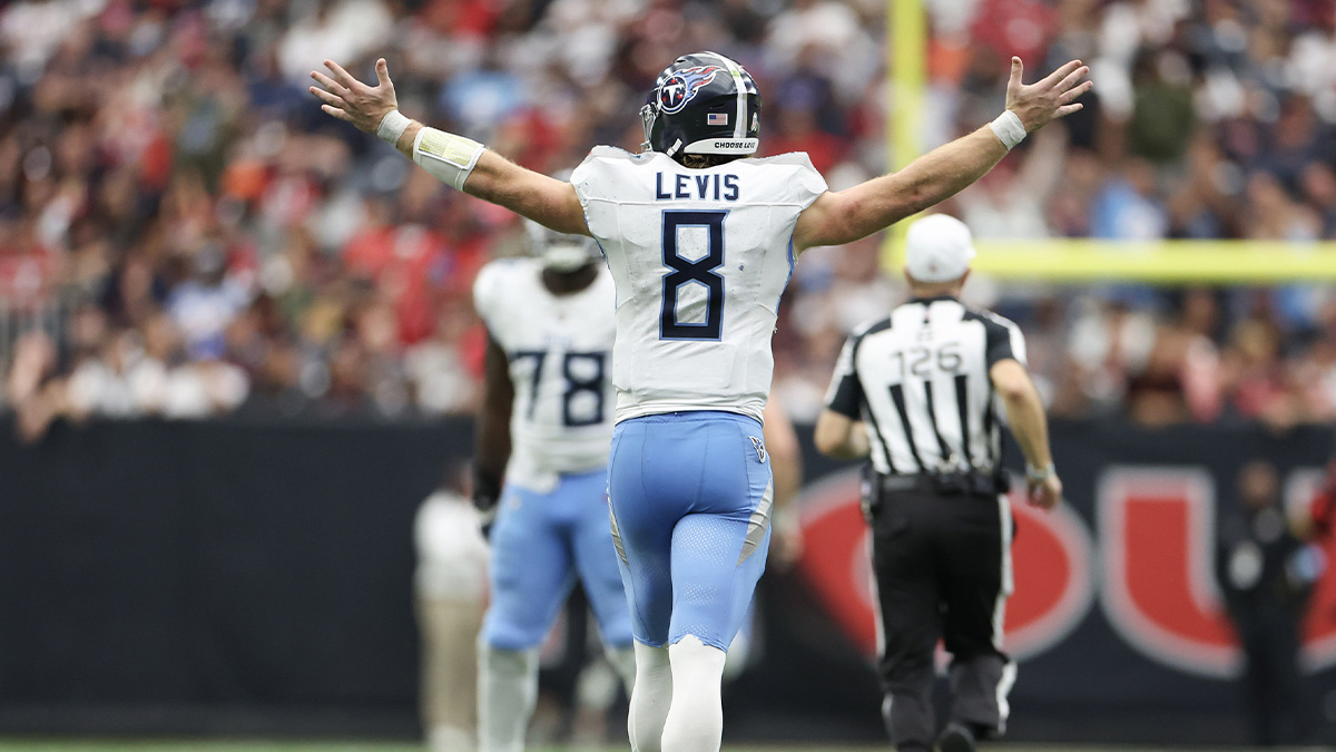 Tennessee Titans quarterback Will Levis (8) celebrates his 70 yard touchdown pass against the Houston Texans in the fourth quarter at NRG Stadium.